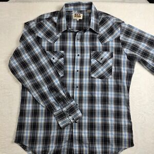 Ely Cattleman Western Shirt Mens L Black Blue Plaid Pearl Snap Excellent Lurex